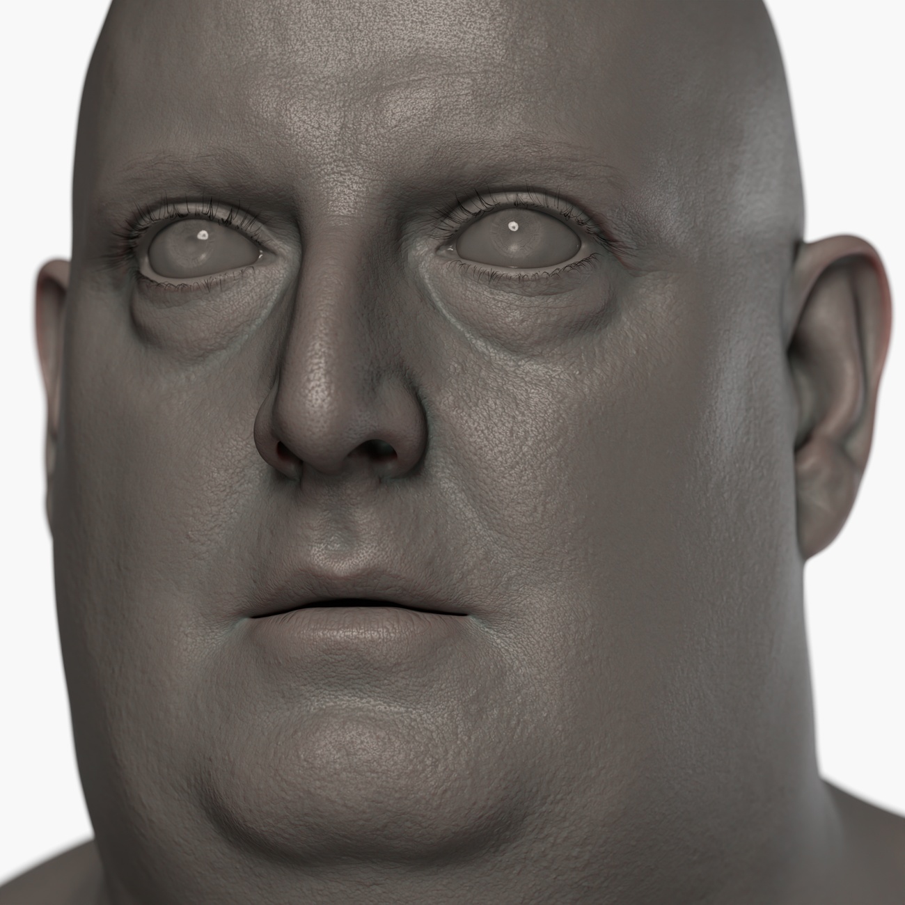Clay render of a heavy-set mature male head 3D scan showing fine skin pore detail, surface creases and facial structure